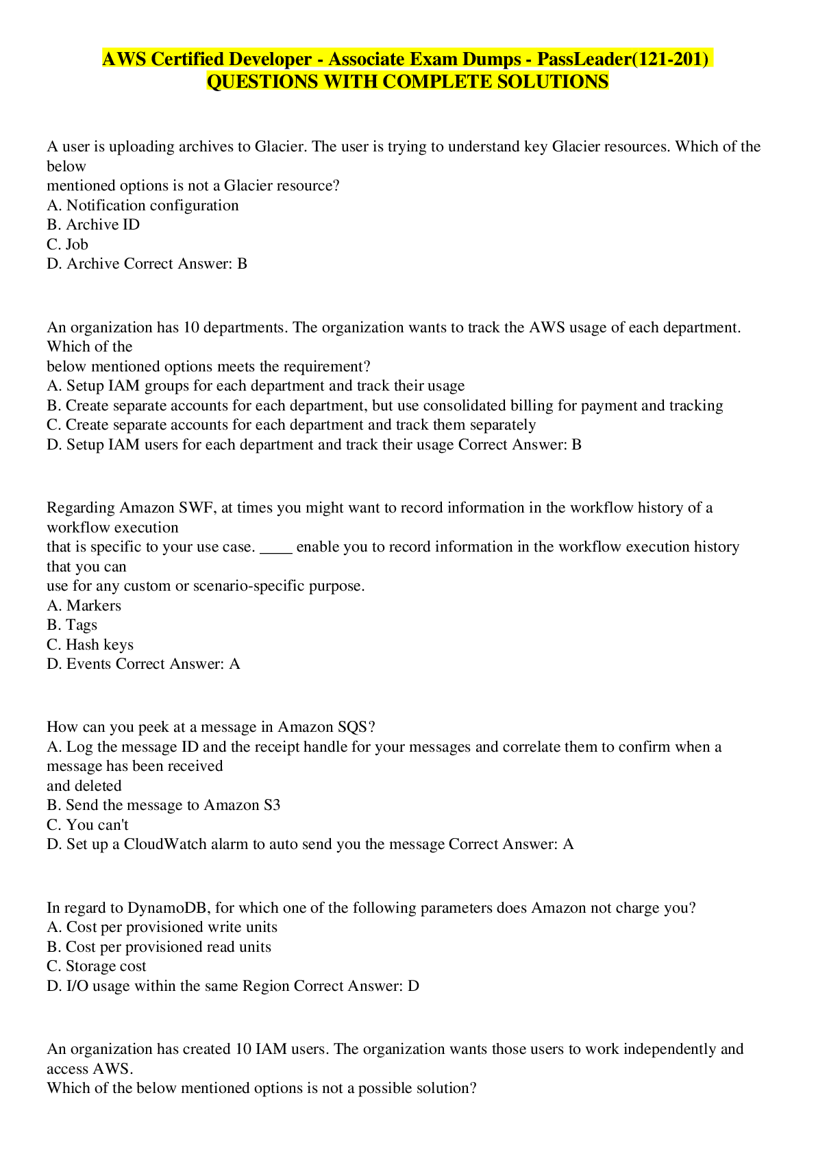 Preview image for AWS Certified Developer - Associate Exam Dumps - PassLeader(121-201) QUESTIONS WITH COMPLETE SOLUTIONS